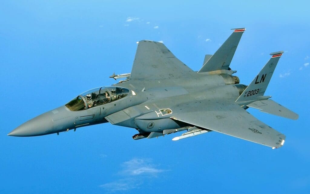A U.S. Air Force F-15E Strike Eagle aircraft assigned to the 494th Fighter Squadron flies over the Mediterranean Sea during a training mission with the Hellenic Air Force Feb. 26, 2014. Europe-based U.S. Air Force aircraft and personnel participated in a simulated deployment, including combat training, with elements of the Hellenic Air Force.