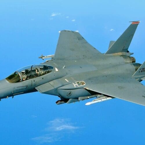 A U.S. Air Force F-15E Strike Eagle aircraft assigned to the 494th Fighter Squadron flies over the Mediterranean Sea during a training mission with the Hellenic Air Force Feb. 26, 2014. Europe-based U.S. Air Force aircraft and personnel participated in a simulated deployment, including combat training, with elements of the Hellenic Air Force.