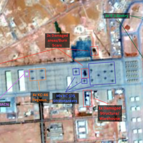 Faytuks Network Battle Damage Assessment of Prince Sultan Air Base. Image: EOS SAT /Faytuks Network Intelligence, taken on April 21, 2026
