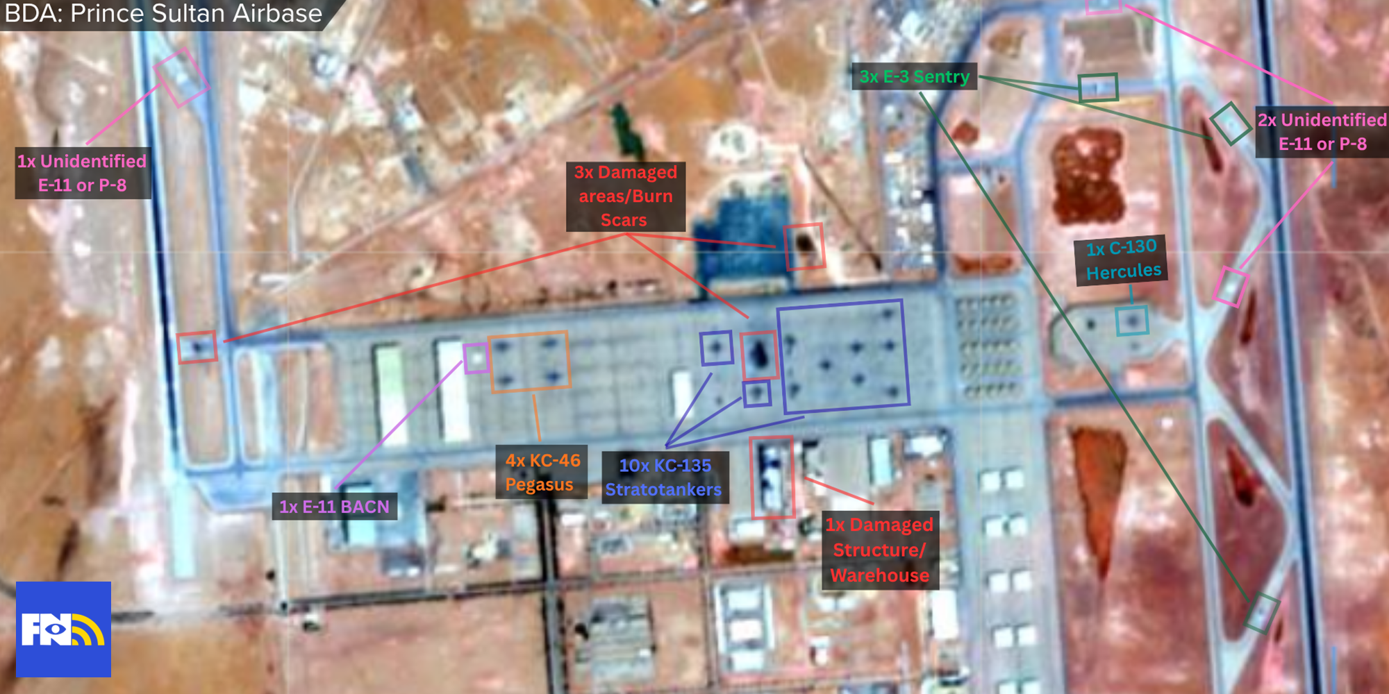 Faytuks Network Battle Damage Assessment of Prince Sultan Air Base. Image: EOS SAT /Faytuks Network Intelligence, taken on April 21, 2026