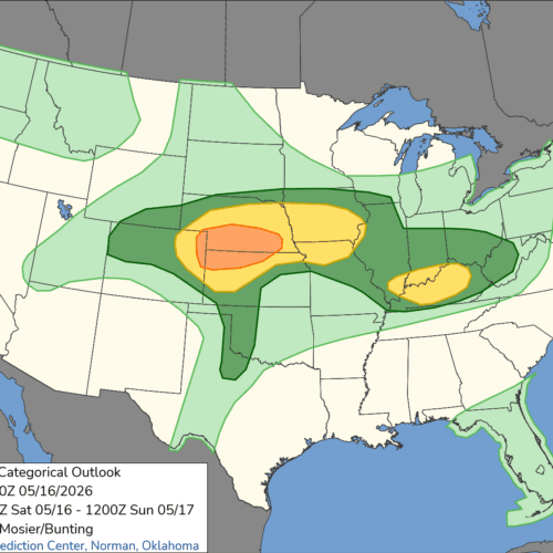 The Day 1 Outlook by the Storm Prediction Center (SPC) for May 16th, 2026.