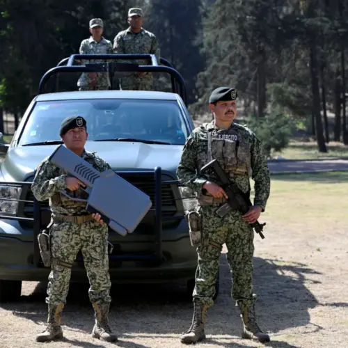 Members of the Mexican Army's special anti-drone battalion, tasked with protecting venues and ensuring security for the 2026 World Cup, take part in a demonstration for the press at Military Camp Number 1 in the municipality of Naucalpan, State of Mexico, on February 17, 2026.