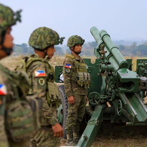 Filipino soldiers prepare for a live-fire exercise as part of the US-Philippines Balikatan military exercises.