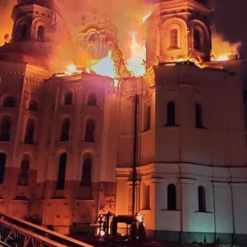 The Kyiv Pechersk Lavra or Kyievo-Pecherska Lavra in Kyiv, Ukraine burning after being hit by a Russian missile on June 15, 2026.