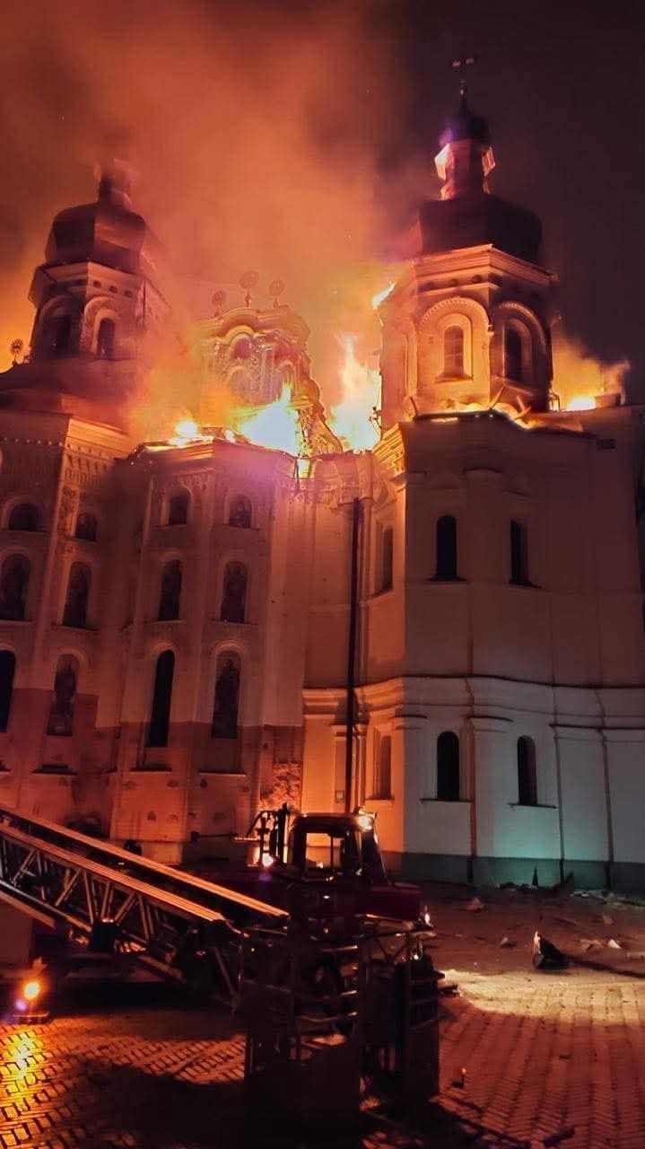 The Kyiv Pechersk Lavra or Kyievo-Pecherska Lavra in Kyiv, Ukraine burning after being hit by a Russian missile on June 15, 2026.